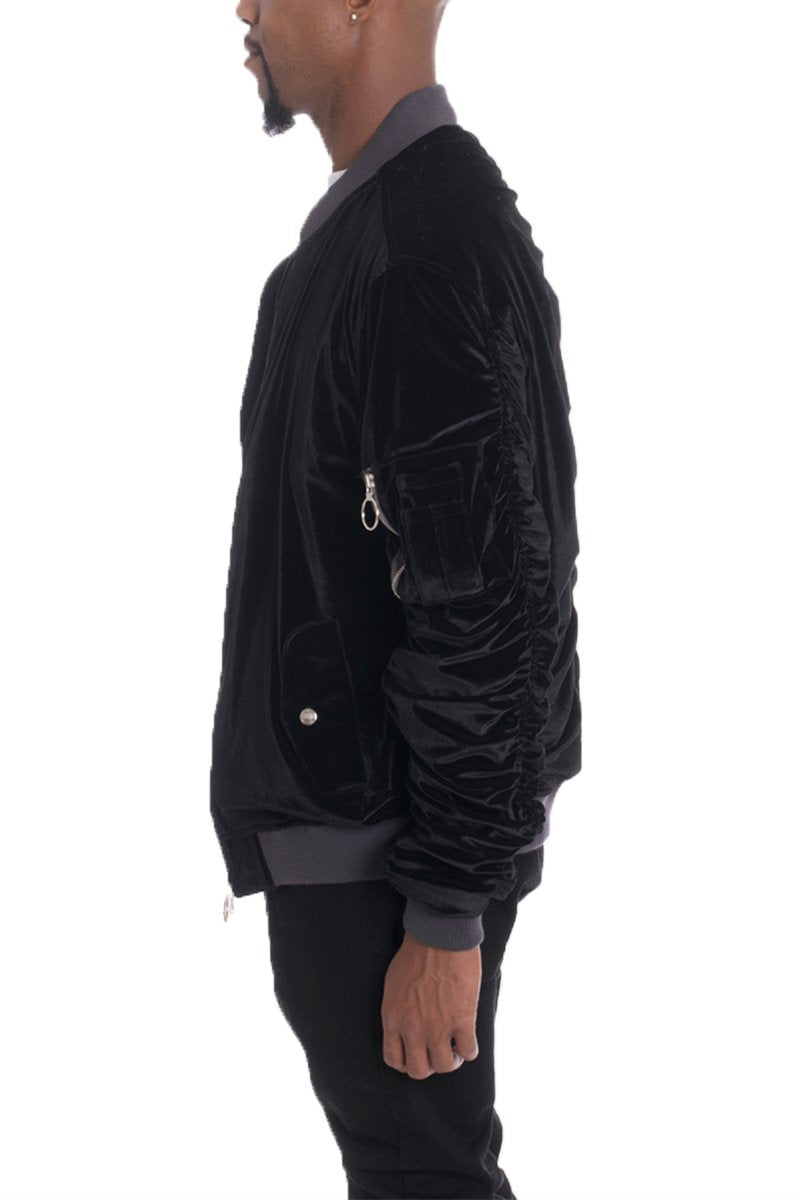 Velour Cinch Sleeve Bomber Jacket - Pikemla