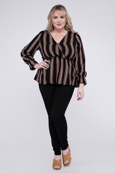 Striped Top With Ruffled Hem - Pikemla