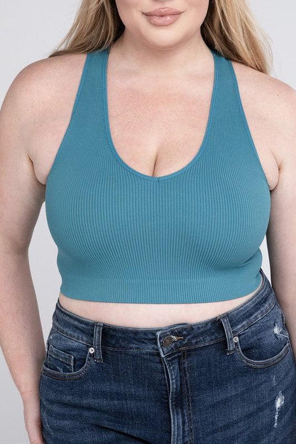 Ribbed Cropped Racerback Tank Top -Plus Sized - Pikemla