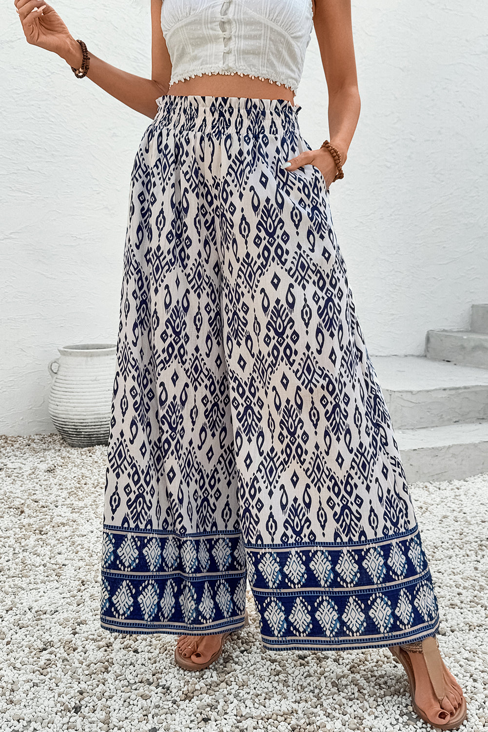Blue Boho Pattern Print High Waist Wide Leg Loose Pants - Pikemla