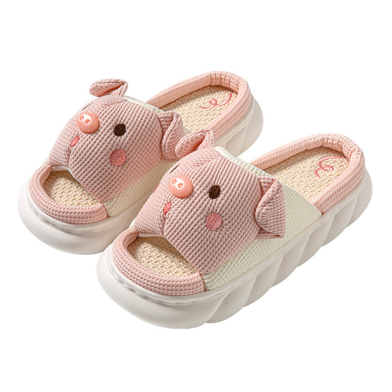 Piggy Cute Couple Open Toe Linen Cotton Linen Slippers