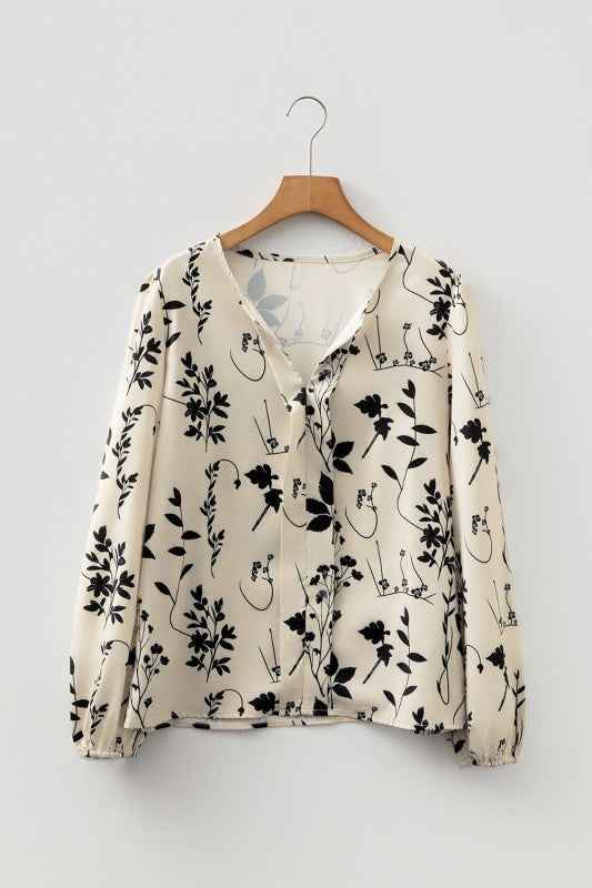 Floral Split Neck Long Sleeve Blouse
