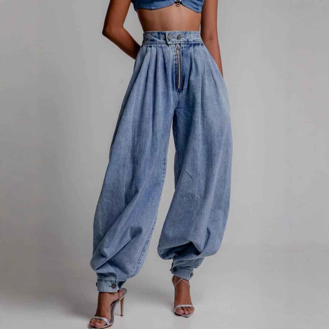 High Waist Zipper Denim Loose Harem Pants