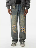 Men's Distressed Plaid Patch Wide Leg Jeans