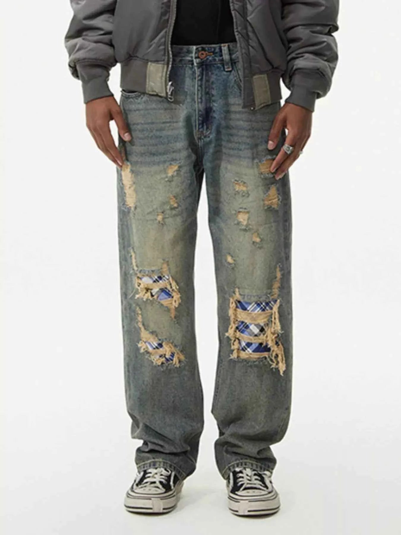 Men's Distressed Plaid Patch Wide Leg Jeans