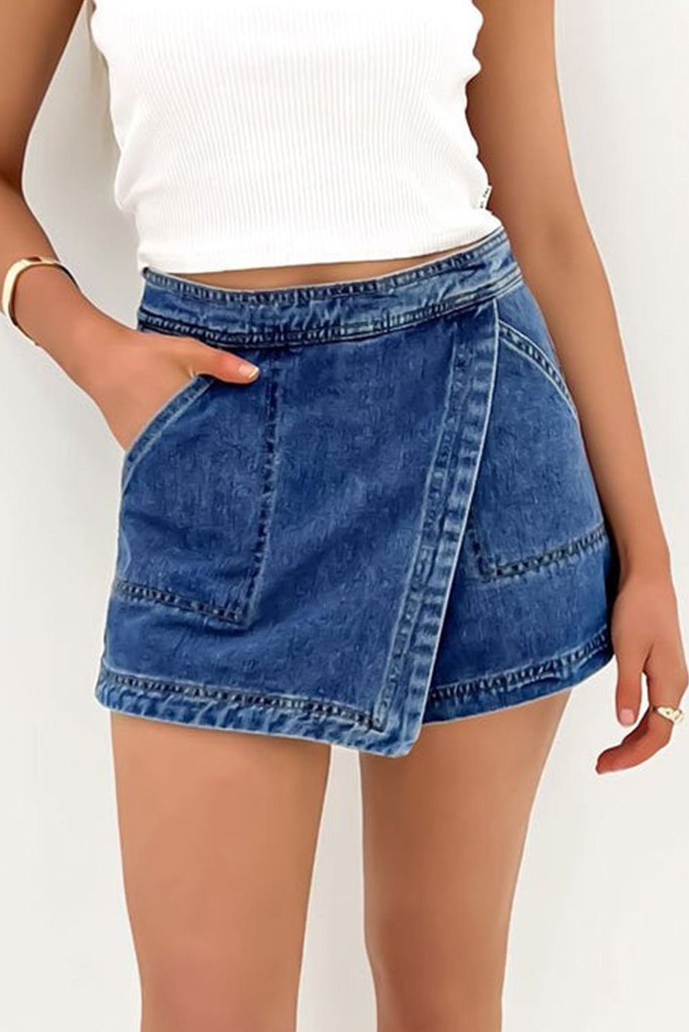 Ashleigh Blue Faux Wrapped Mini Denim Skort - Pikemla