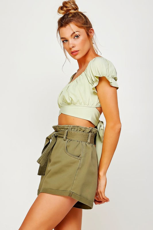 OFF SHOULDER PLEATED CROP TOP WITH BACK RIBBON TIE - Pikemla