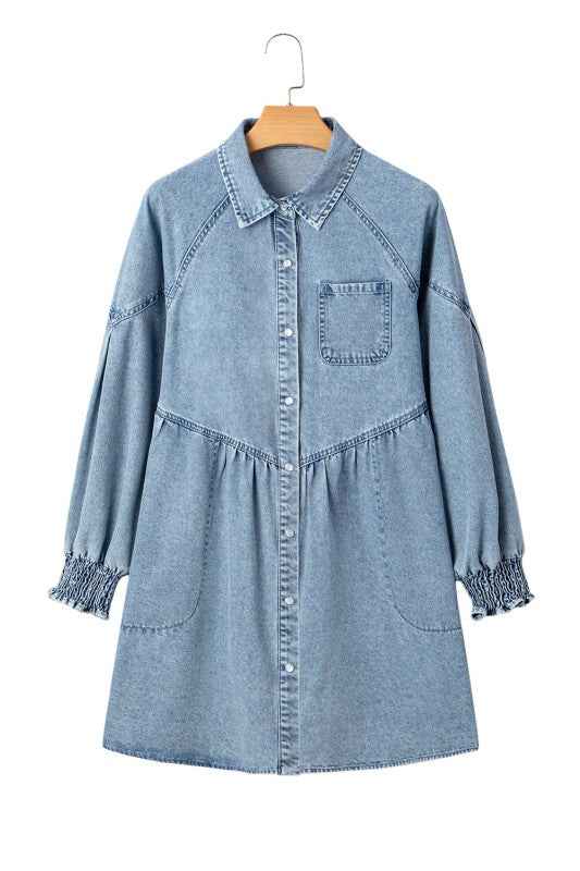 Denim Smocked Cuffs Shirt Mini Dress