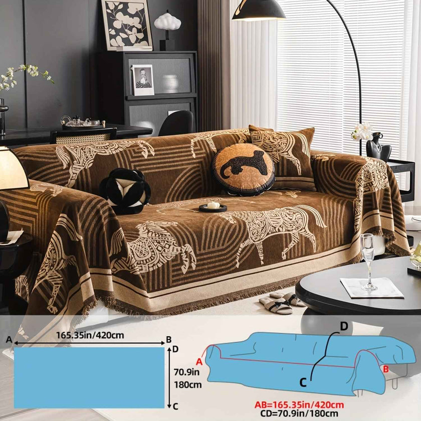 Luxurious Chenille Horse Design Sofa Cover Decor in Orange & Green