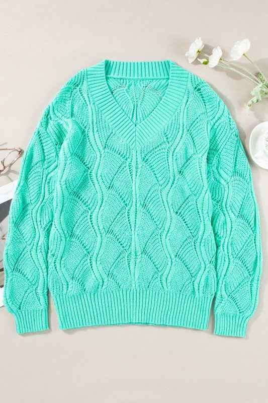 Hollow-Out Knit V-Neck Drop Shoulder Sweater