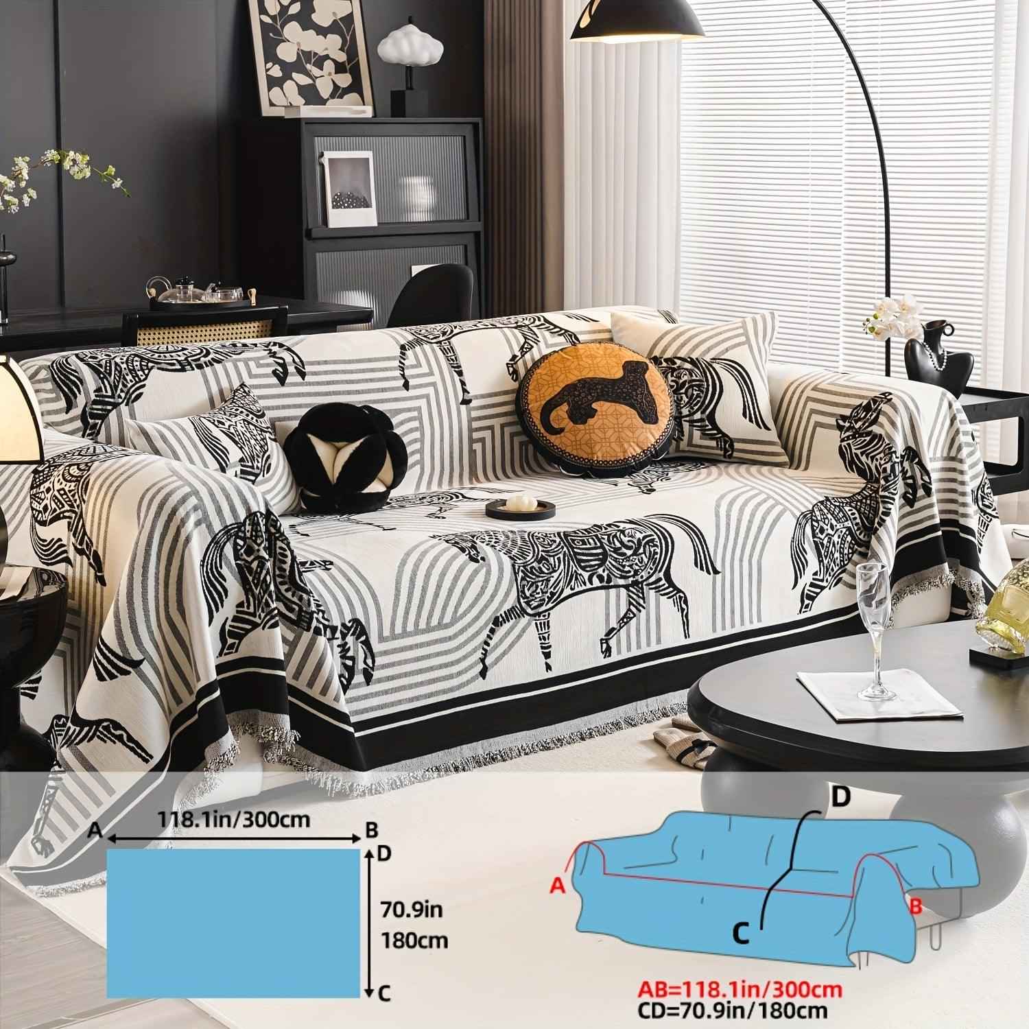 Luxurious Chenille Horse Design Sofa Cover Decor in Orange & Green