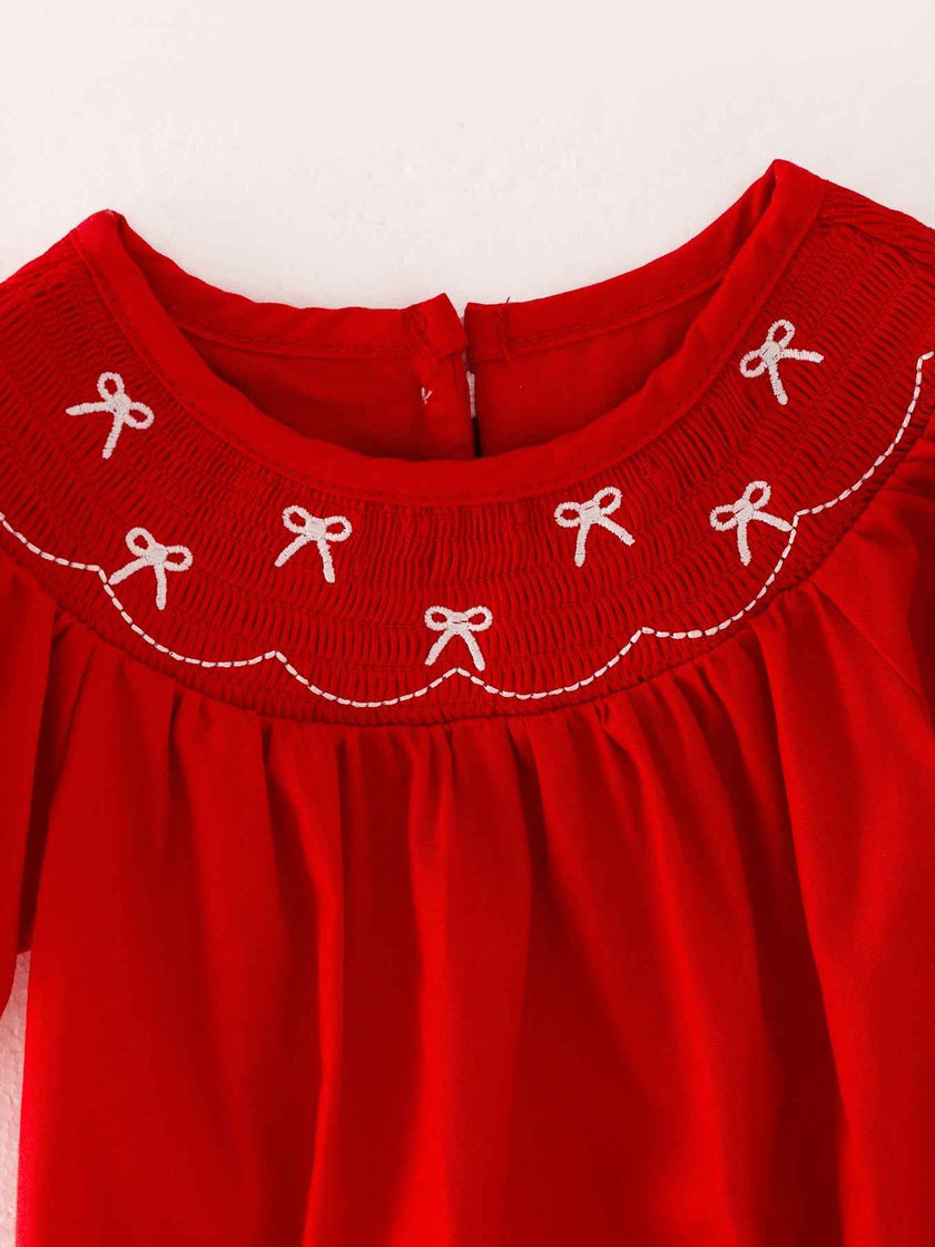 Girls Bow Smocking Embroidered Red Romper