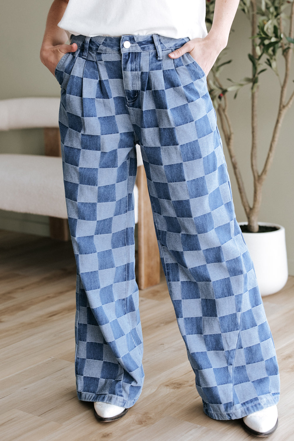 Dusk Blue Checkered Denim Wide Leg Jeans - Pikemla
