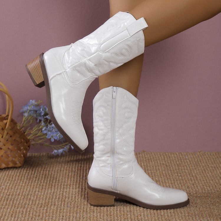 Chunky Heel Pointed Toe Western Boots Fashion Mid-tube Solid Knight  Shoes