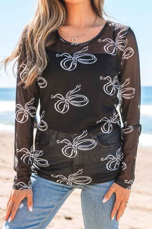 Bow Long Sleeve Mesh Top