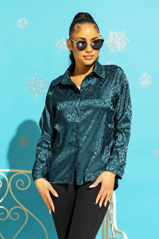 SATIN LEOPARD PRINT BUTTON DOWN TOP - Pikemla