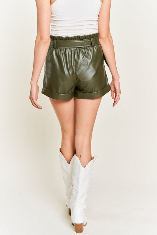High-rise waist Belted Faux Leather Short