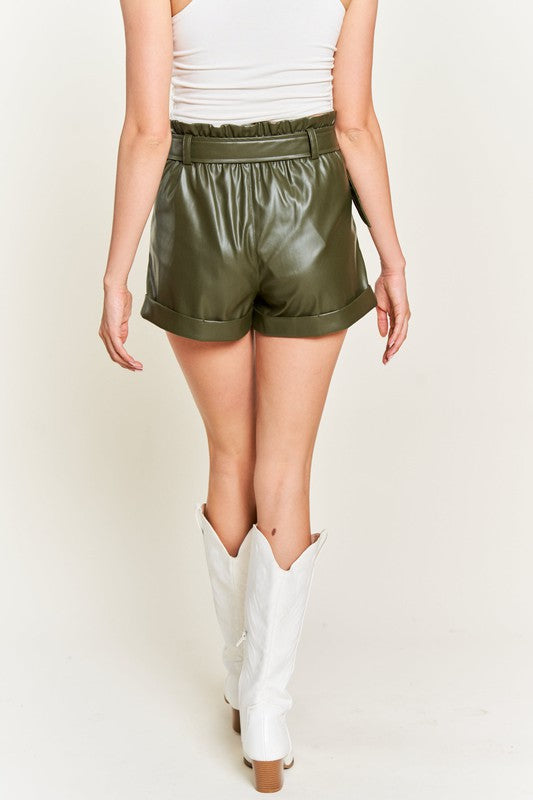 High-rise waist Belted Faux Leather Short - Pikemla