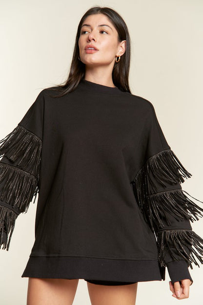 Plus Sized Rhinestone Fringe Sweatshirt - Pikemla