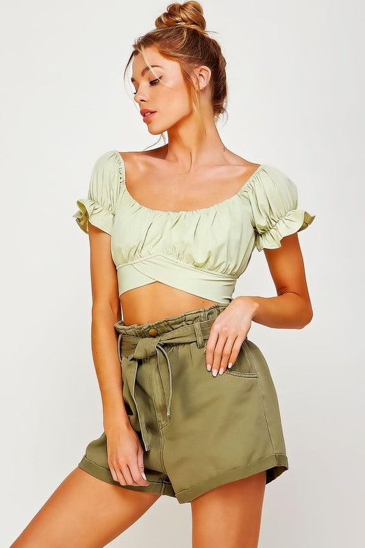 OFF SHOULDER PLEATED CROP TOP WITH BACK RIBBON TIE - Pikemla