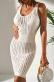 White Eyelet Crochet Sleeveless V Neck Beach Dress - Pikemla