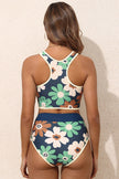Blue Flower Zip up Racerback High Waisted Bikini - Pikemla