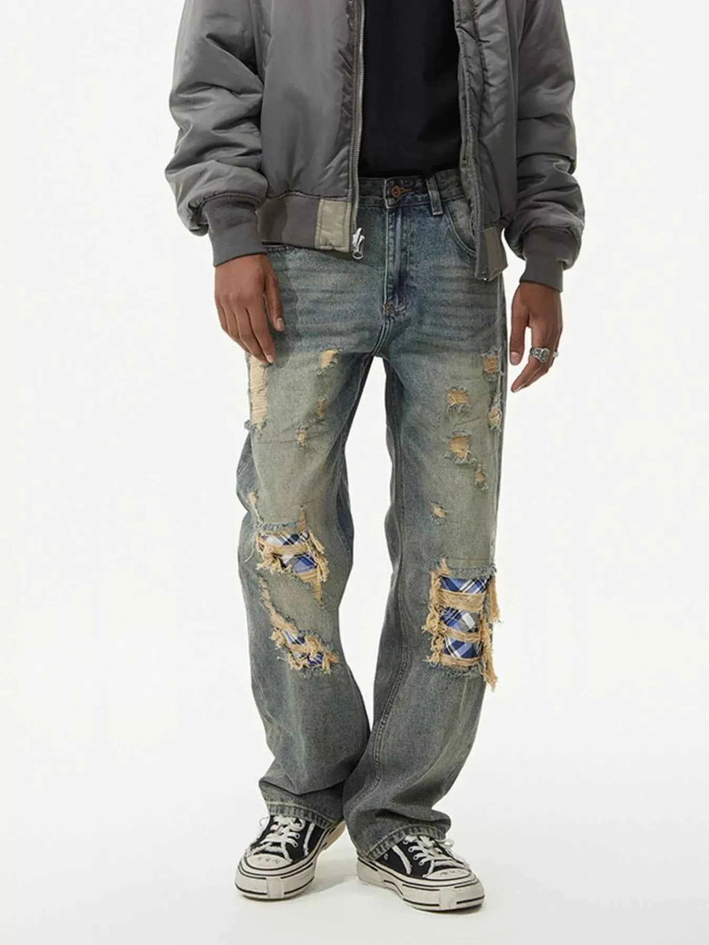 Men's Distressed Plaid Patch Wide Leg Jeans