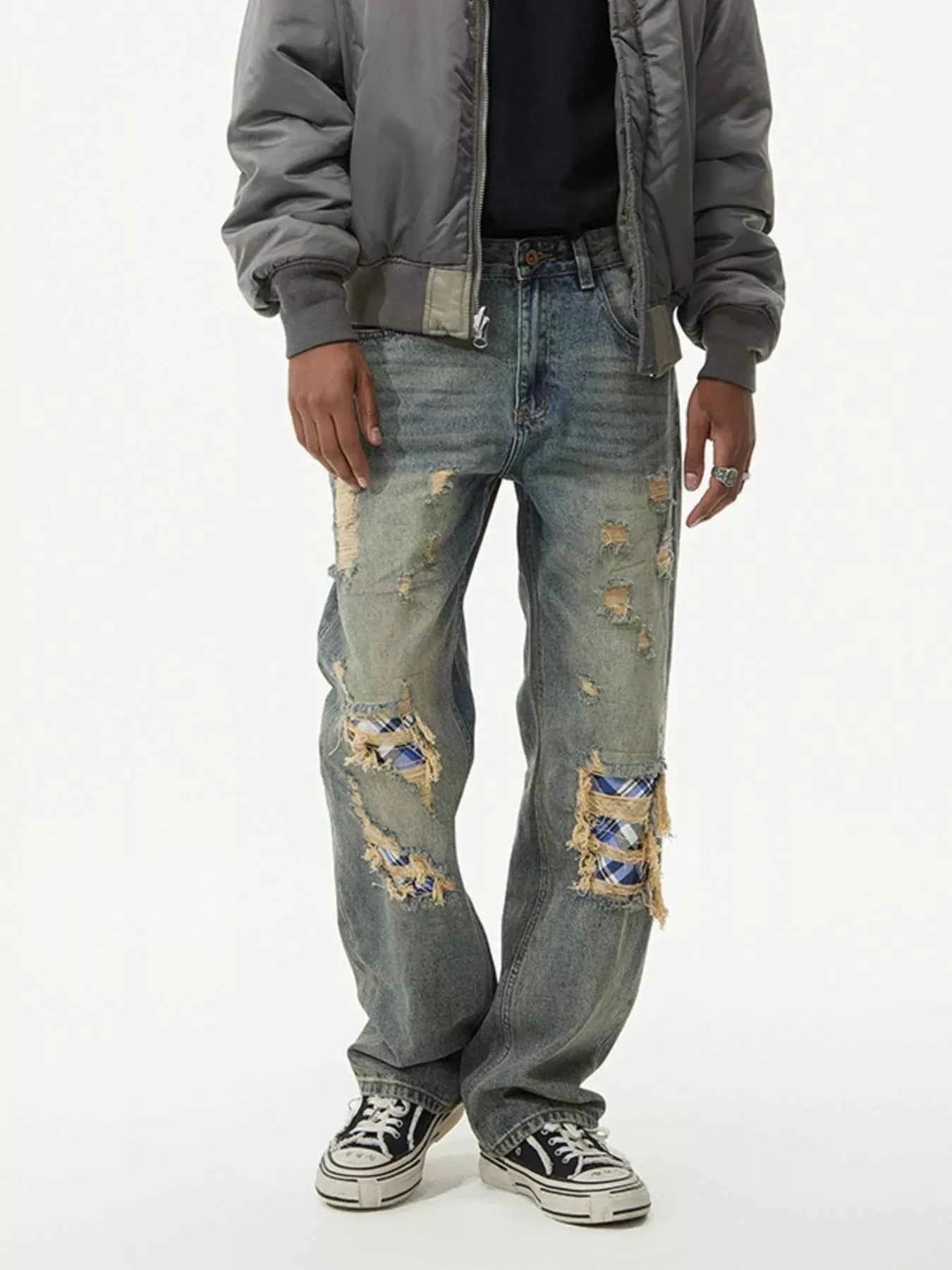 Men's Distressed Plaid Patch Wide Leg Jeans