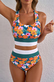 Green Floral Print Racerback Cutout High Waist 2pcs Bikini - Pikemla