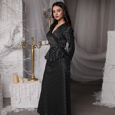 V-neck Printed Long-sleeved Top High Waist Skirt Suit