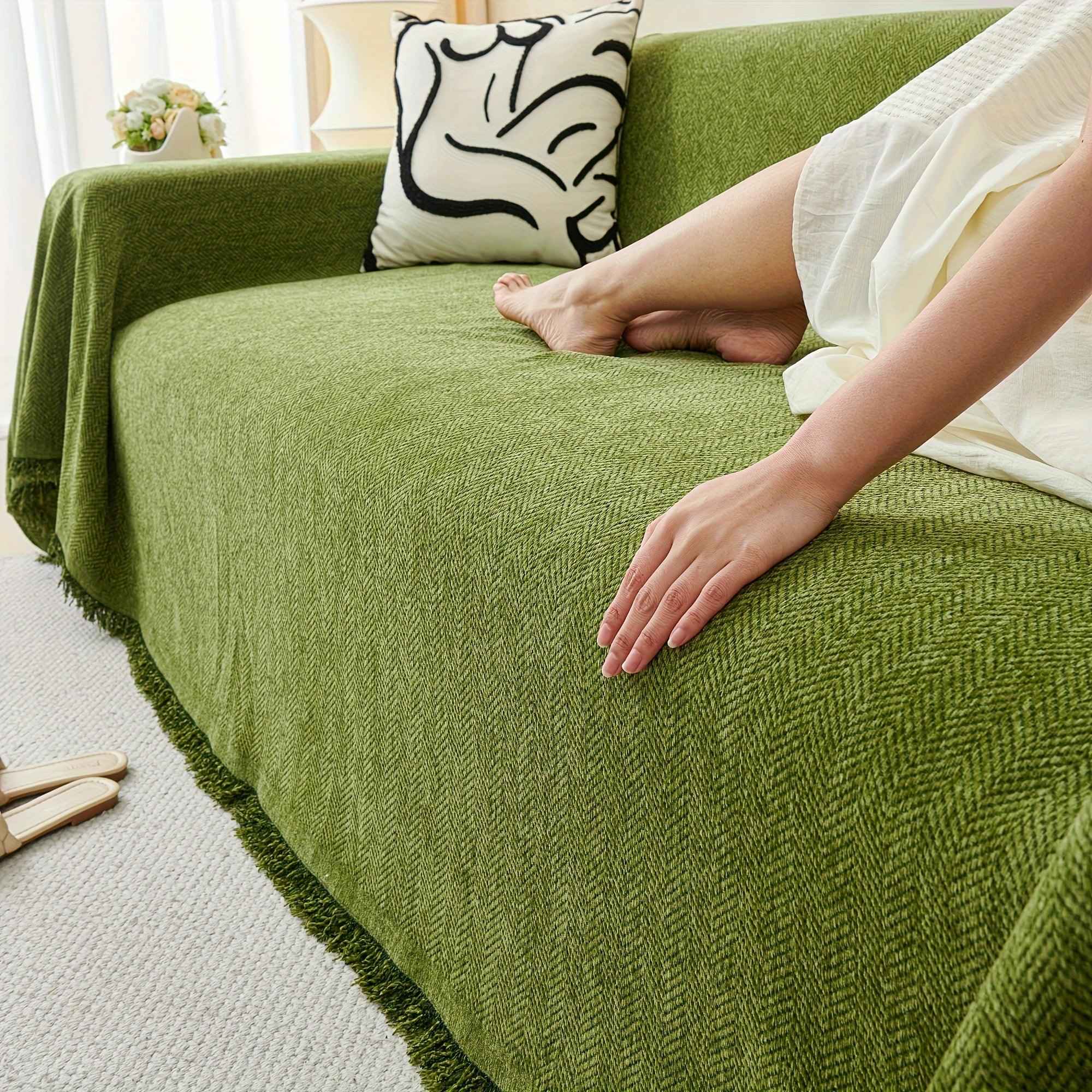 Update Sofa with Organic Couch Cover| Herringbone Chenille Tassels