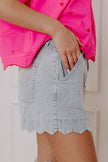 Dusk Blue Scalloped Hemline Acid Wash High Waist Denim Shorts - Pikemla