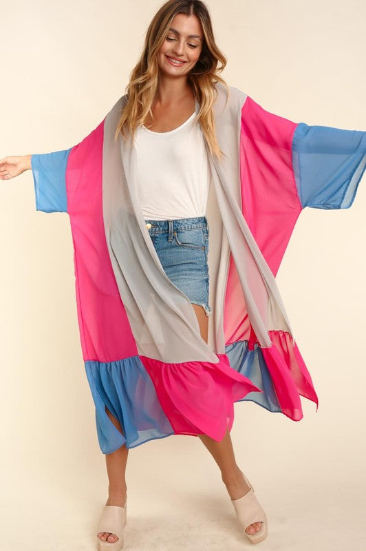 PLUS COLOR BLOCK KIMONO MAXI OPEN CARDIGAN - Pikemla