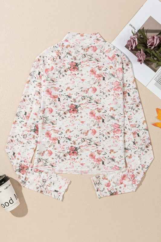Floral Mesh Long Sleeve Mock Neck Top