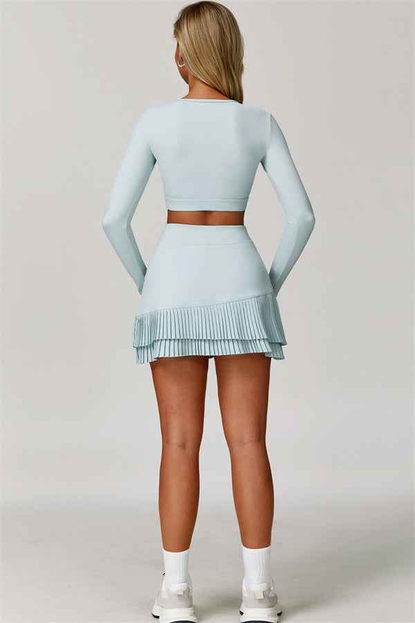 The Lavish Long Sleeve Cut-out Crop Top Tennis Skirt 2-Piece Set
