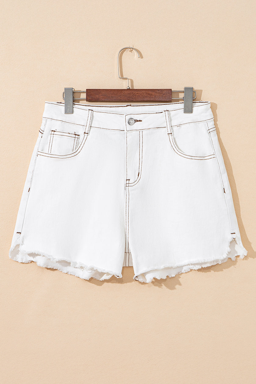 White Raw Hem High Waist Denim Shorts - Pikemla