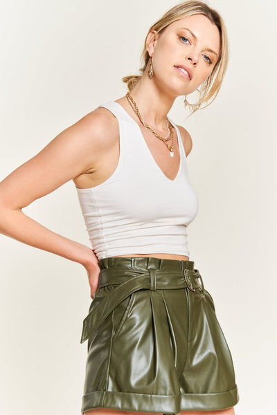 High-rise waist Belted Faux Leather Short - Pikemla