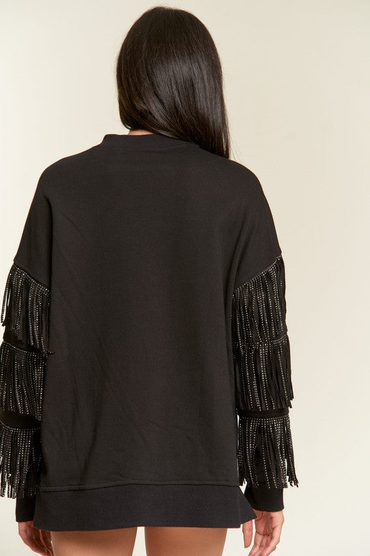 Plus Sized Rhinestone Fringe Sweatshirt - Pikemla