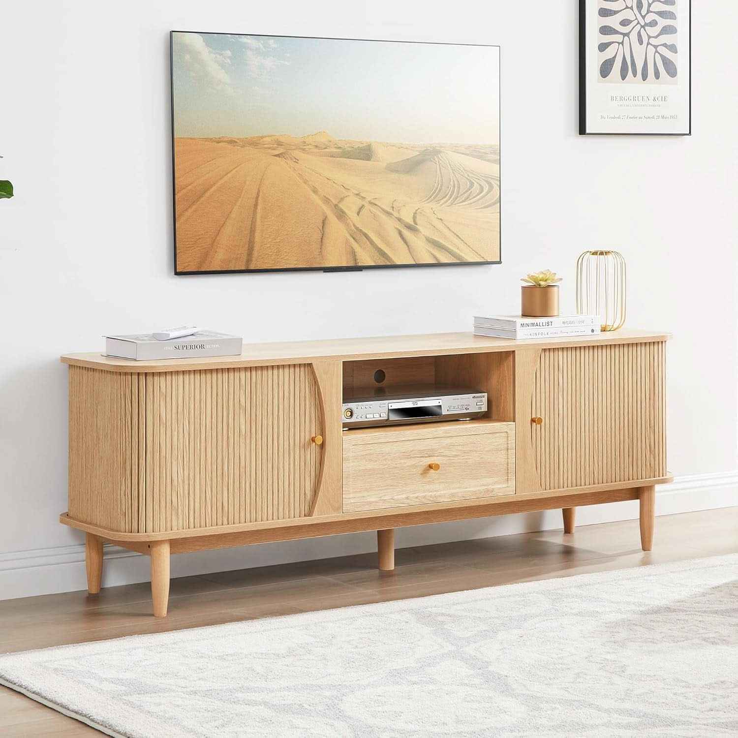 Natural Finish Entertainment Console With Sliding Door