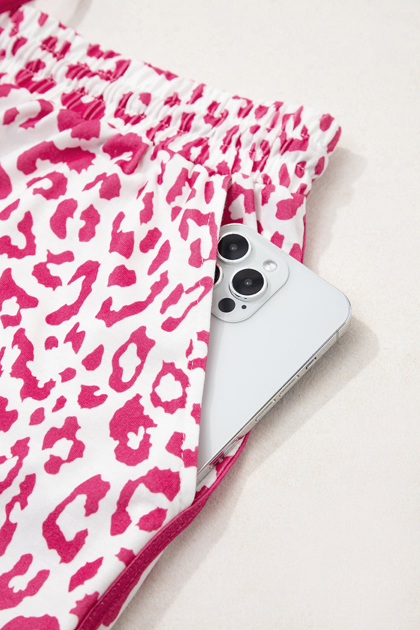 White Leopard Elastic Waist Lace up Contrast Trim Casual Shorts - Pikemla