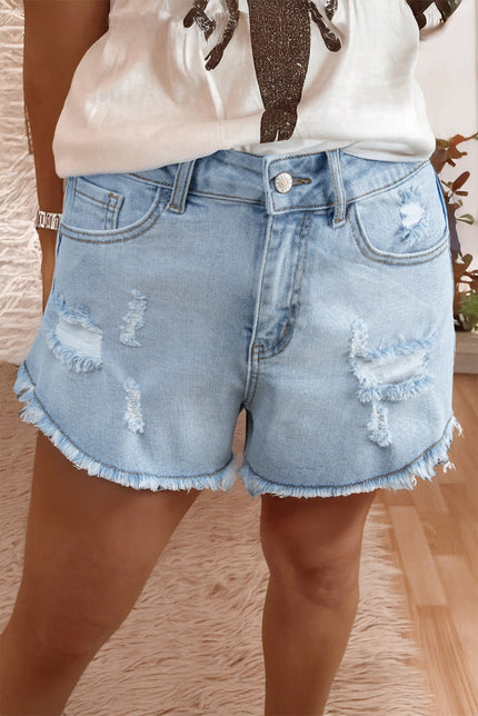 Beau Blue High Rise Distressed Raw Hem Denim Shorts - Pikemla