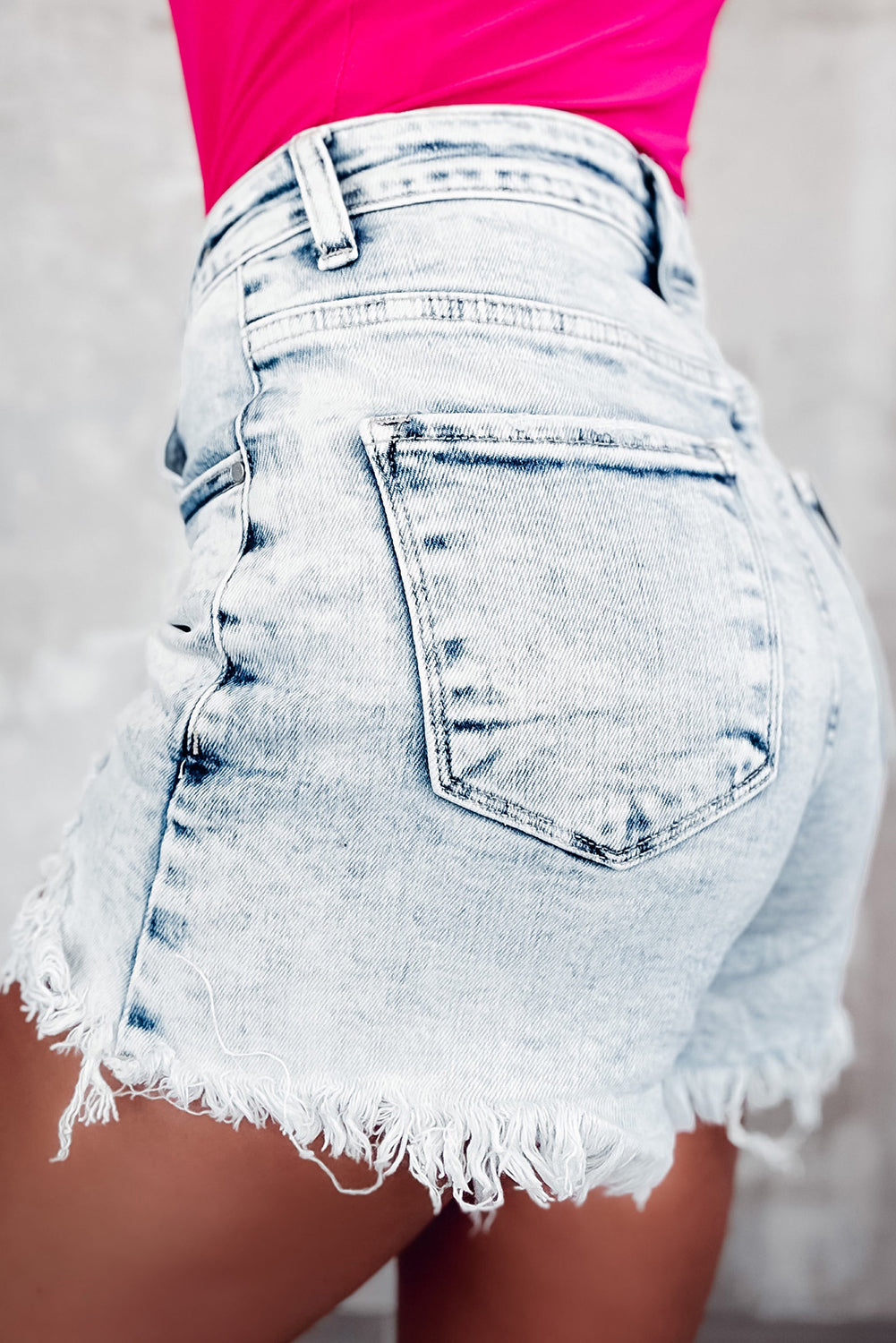 Light Blue Acid Wash Crossed Raw Edge Denim Shorts - Pikemla