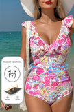 Blue Floral Ruffle Trim V Neck Lace-up Back Tummy Control One Piece Swimsuit - Pikemla