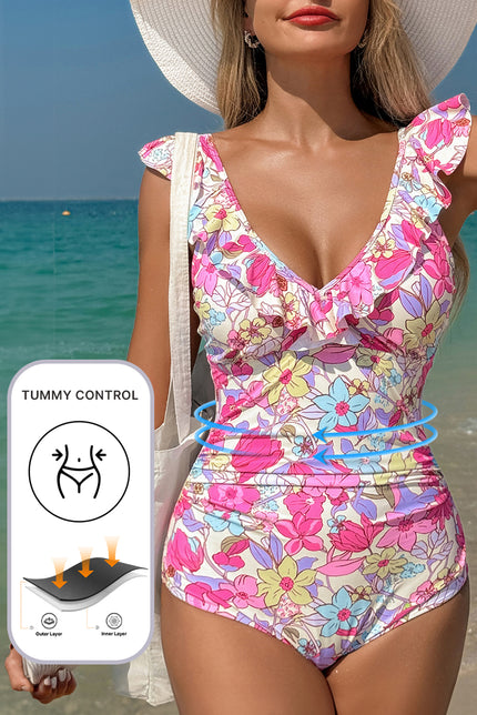 Blue Floral Ruffle Trim V Neck Lace-up Back Tummy Control One Piece Swimsuit - Pikemla