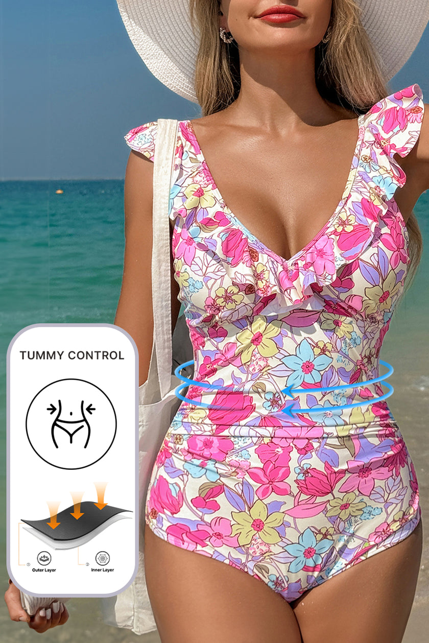Blue Floral Ruffle Trim V Neck Lace-up Back Tummy Control One Piece Swimsuit - Pikemla