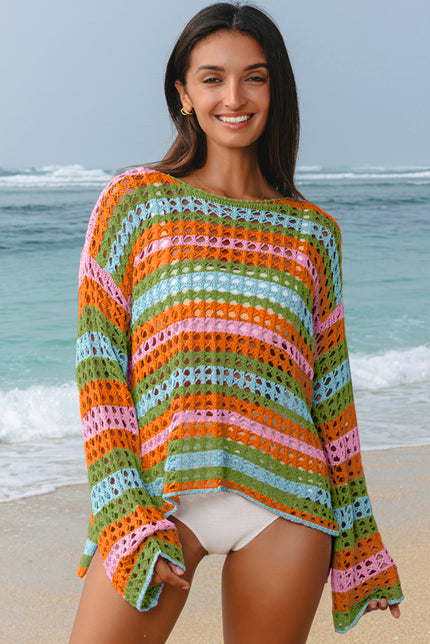 Carrot Multi Stripe Open Knit Sweater Beach Cover Up - Pikemla