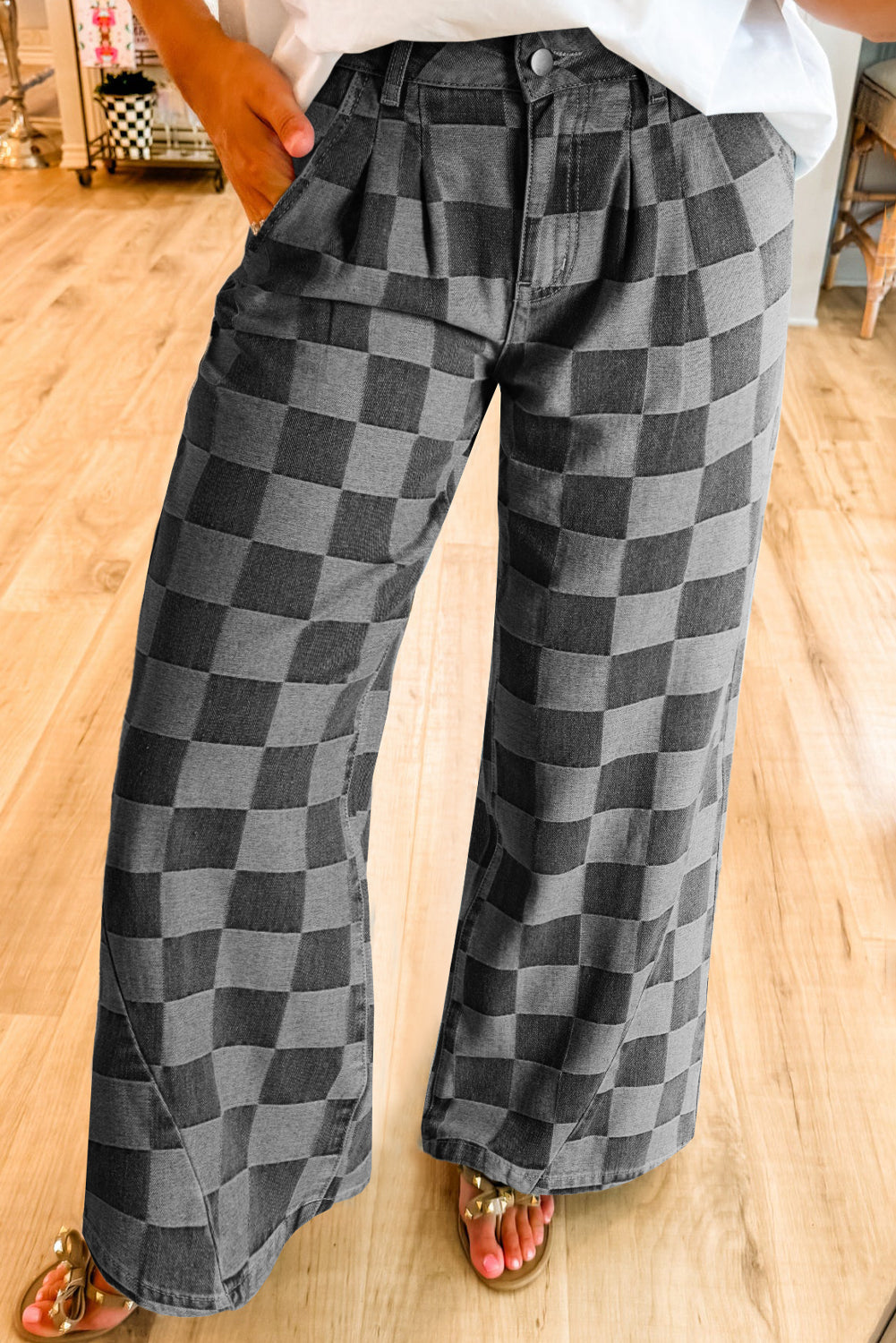 Dark Grey Checkered Denim Wide Leg Jeans - Pikemla