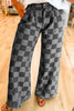 Dark Grey Checkered Denim Wide Leg Jeans - Pikemla
