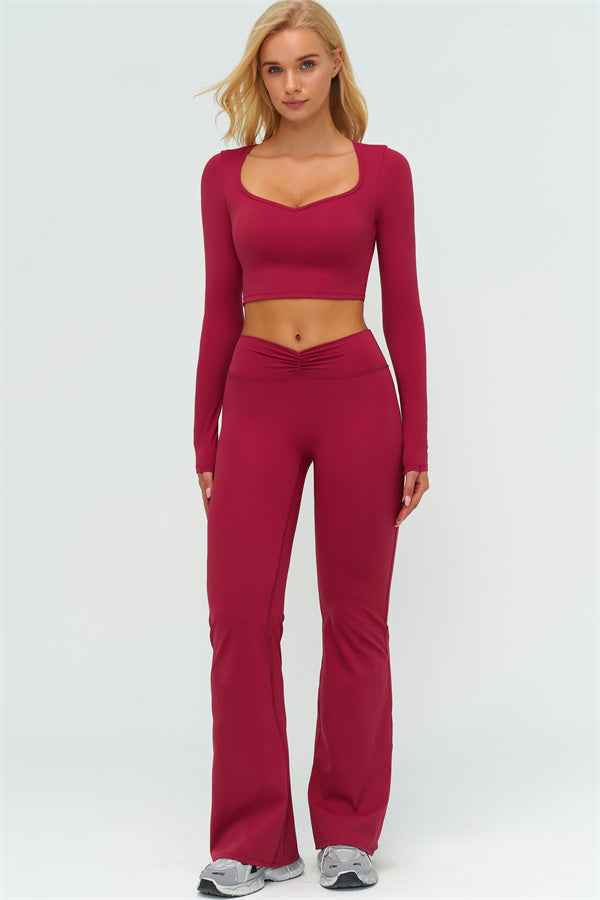 The Lushness Long Sleeve Crop Top Flared Leggings 2-Piece Set