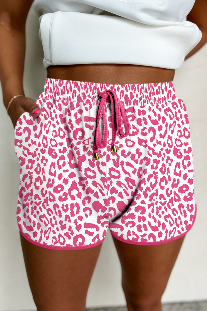 White Leopard Elastic Waist Lace up Contrast Trim Casual Shorts - Pikemla